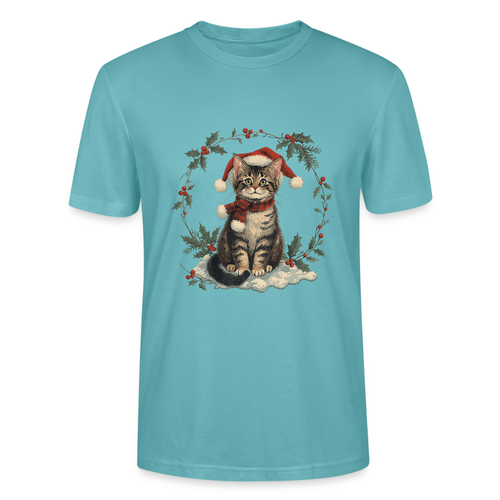 Vintage Weihnachtskatze T-Shirt | Nostalgisches 1920er Jahre Katzenmotiv | Unisex Geschenk für Katzenliebhaber | Gildan Softstyle - Pastelltürkis