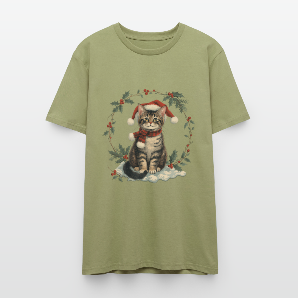 Vintage Weihnachtskatze T-Shirt | Nostalgisches 1920er Jahre Katzenmotiv | Unisex Geschenk für Katzenliebhaber | Gildan Softstyle - Nebelgrün