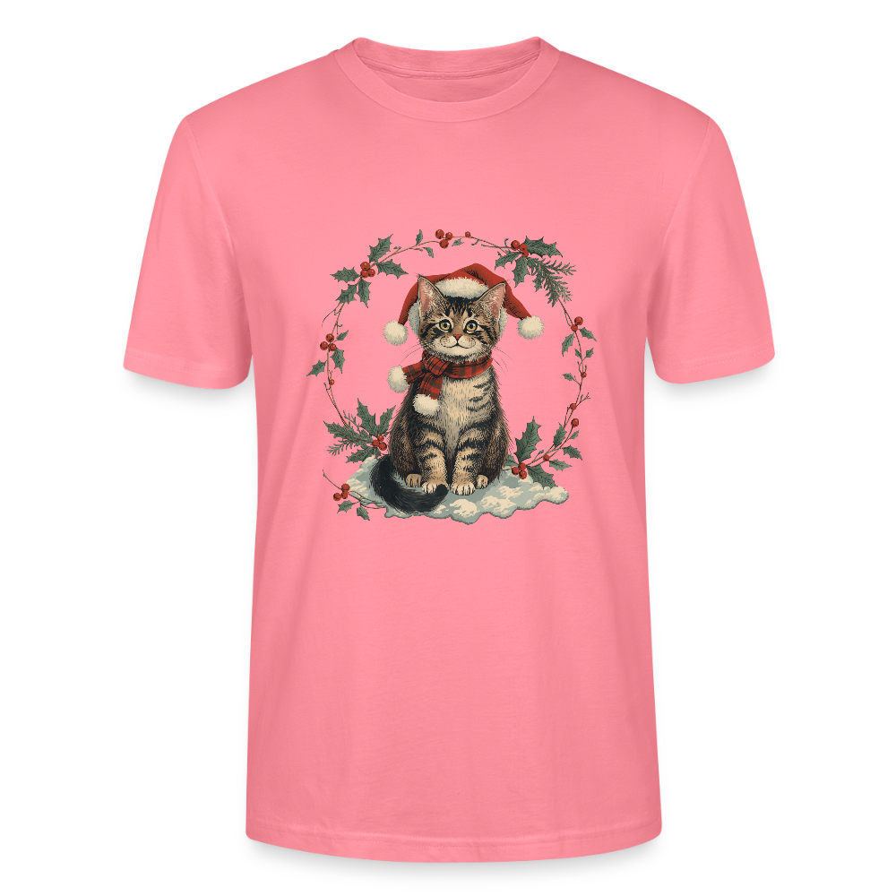 Vintage Weihnachtskatze T-Shirt | Nostalgisches 1920er Jahre Katzenmotiv | Unisex Geschenk für Katzenliebhaber | Gildan Softstyle - Pink 