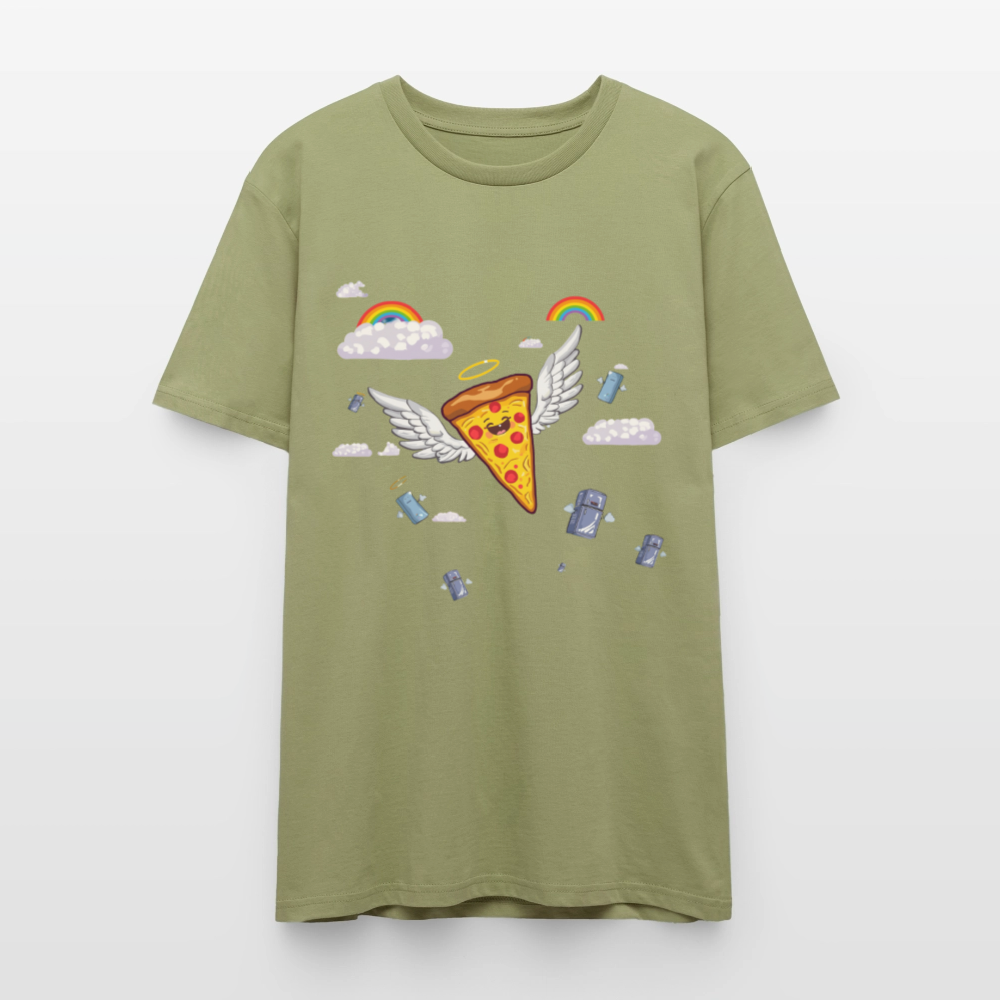 Pizza Engel T-Shirt | Fliegendes Pizzastück mit Heiligenschein | Surrealer Pop-Art Style | Space Invaders | Stanley/Stella - Nebelgrün
