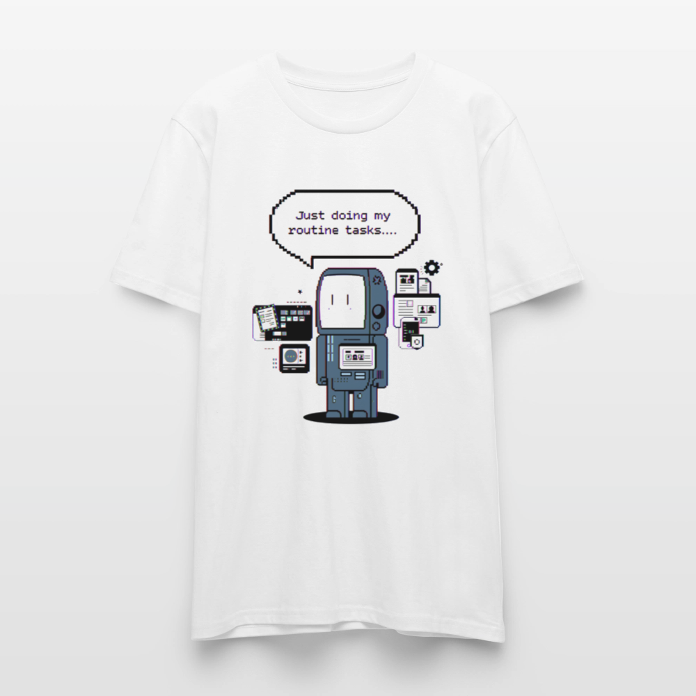 Lustiges Roboter T-Shirt | Just Doing My Routine Tasks | Retro Pixel Art | Programmierer Geschenk | Tech Humor | Stanley/Stella Crafter Unisex - Weiß