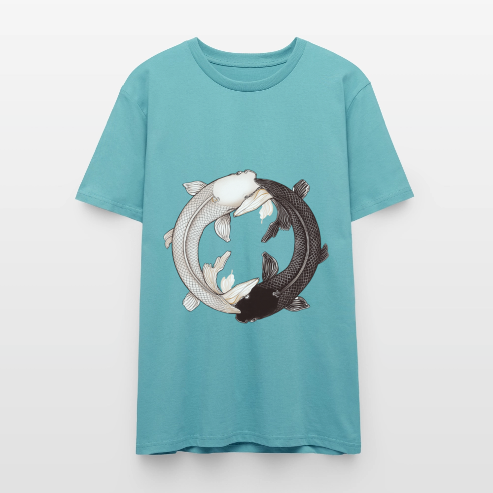 Klassisches Koi Yin & Yang T-Shirt | Detailreiche Schwarz-Weiß Illustration | Japanische Balance & Harmonie | Stanley/Stella Bio-Baumwolle - Pastelltürkis