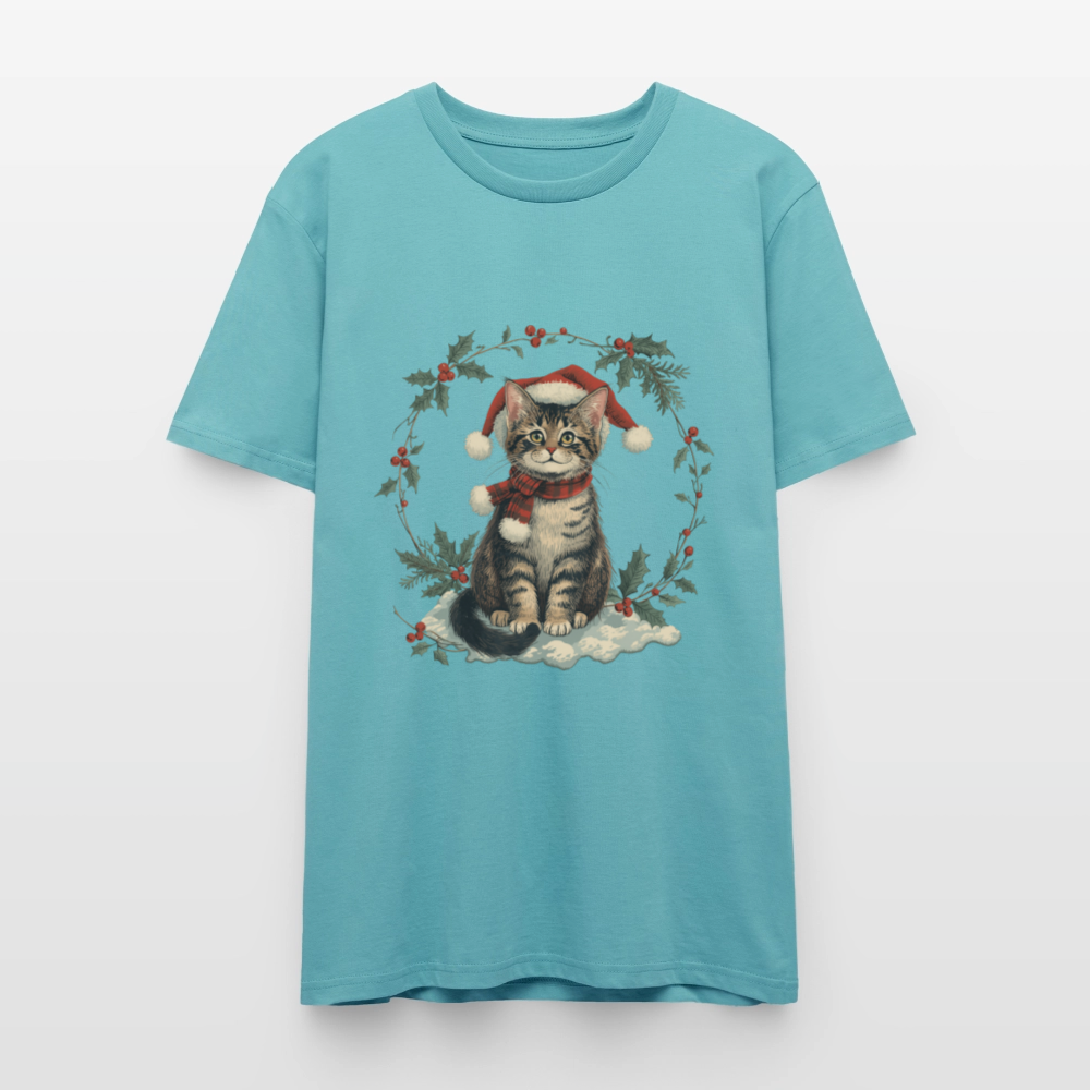 Vintage Weihnachtskatze T-Shirt | Nostalgisches 1920er Jahre Katzenmotiv | Unisex Geschenk für Katzenliebhaber | Gildan Softstyle - Pastelltürkis