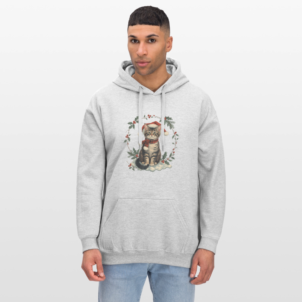 Vintage Weihnachtskatze Hoodie | Nostalgisches 1920er Jahre Katzenmotiv | Unisex Geschenk für Katzenliebhaber | Gildan Softstyle - Hellgrau meliert