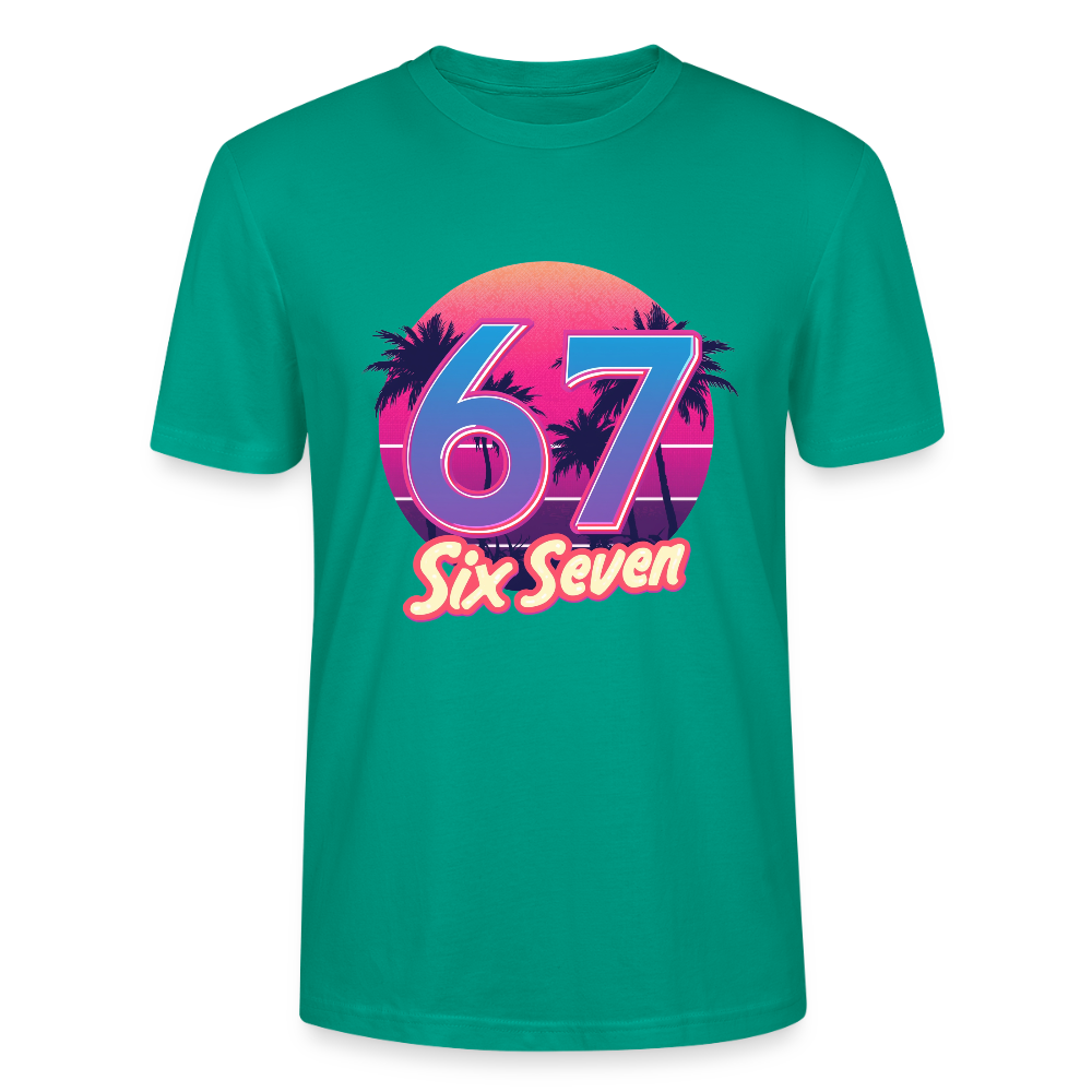 Retro Synthwave T-Shirt | 80er Jahre Neon Zahl 67 Six Seven | Miami Vice Outrun Unisex Shirt | Stanley/Stella - Blaugrün