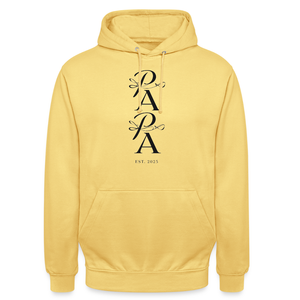 Edler PAPA Est. 2025 Hoodie | Kalligrafie Design | Luxuriöses Geschenk für den werdenden Vater | Premium Unisex Kapuzenpullover - Zitronengelb