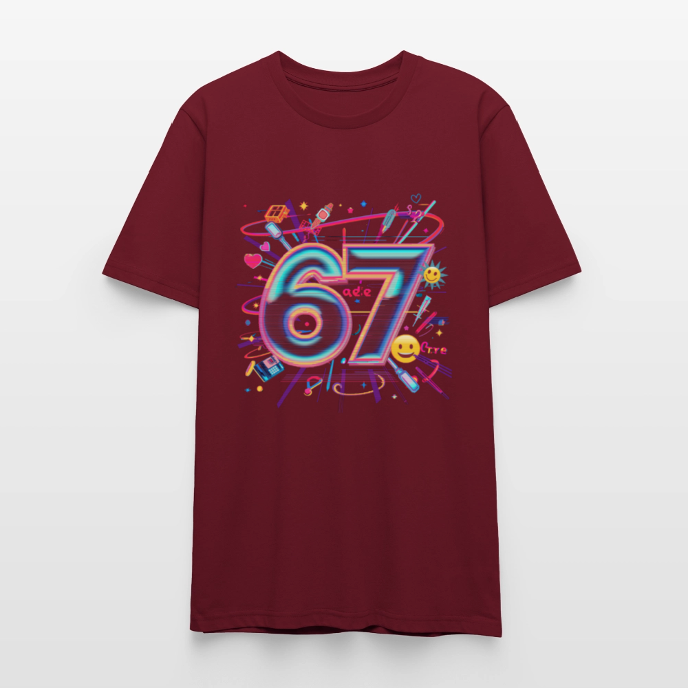 Pop Art Doodle T-Shirt | Neon Graffiti Zahl 67 | Kawaii Street Style Unisex Shirt | Stanley/Stella - Burgunderrot