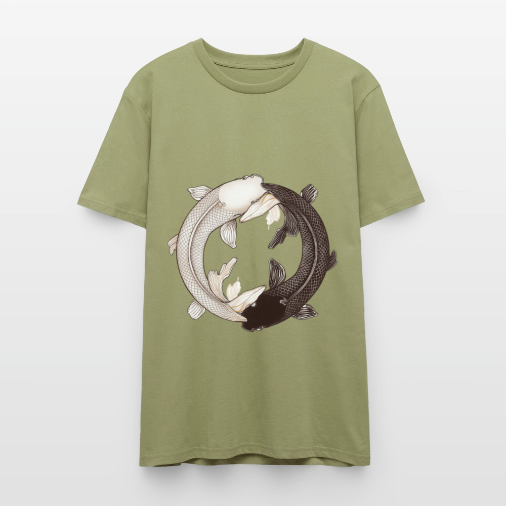 Klassisches Koi Yin & Yang T-Shirt | Detailreiche Schwarz-Weiß Illustration | Japanische Balance & Harmonie | Stanley/Stella Bio-Baumwolle - Nebelgrün