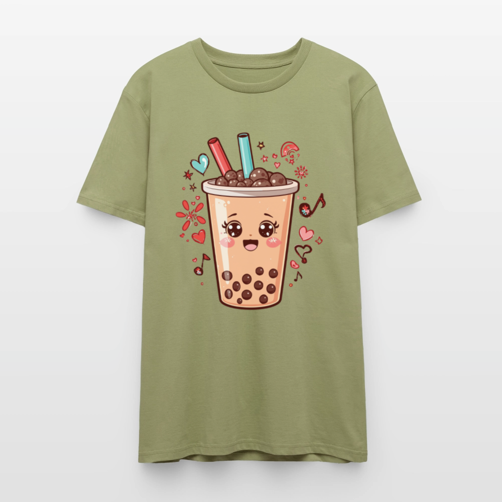Kawaii Bubble Tea T-Shirt | Süßes Boba Cute Foodie Motiv | Anime Style mit Herzen & Musiknoten | Stanley/Stella Unisex - Nebelgrün