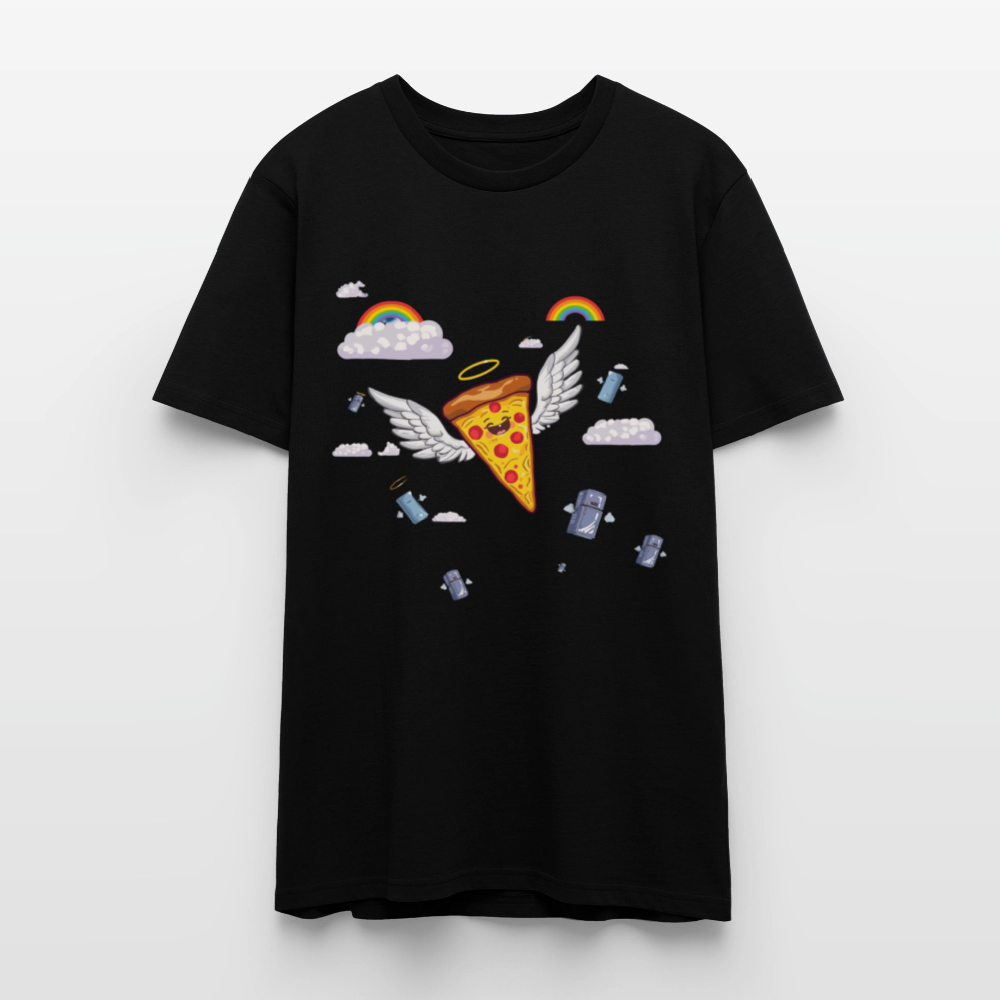 Pizza Engel T-Shirt | Fliegendes Pizzastück mit Heiligenschein | Surrealer Pop-Art Style | Space Invaders | Stanley/Stella - Schwarz