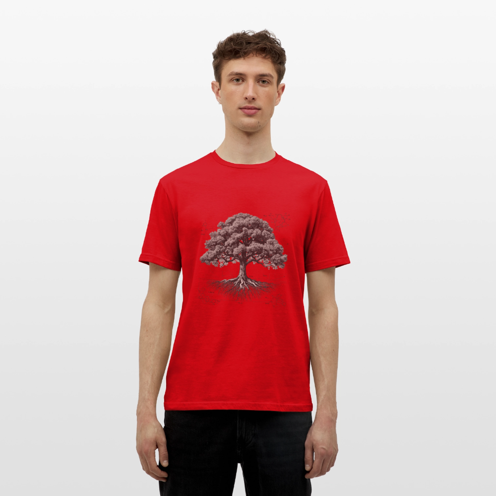 Baumdiagramm-T-Shirt – Natur- und Wissenschafts-Grafik-T-Shirt für Männer – Botanisches Baumanatomie-Shirt – Handbedrucktes Outdoor-Shirt für Naturliebhaber - Rot