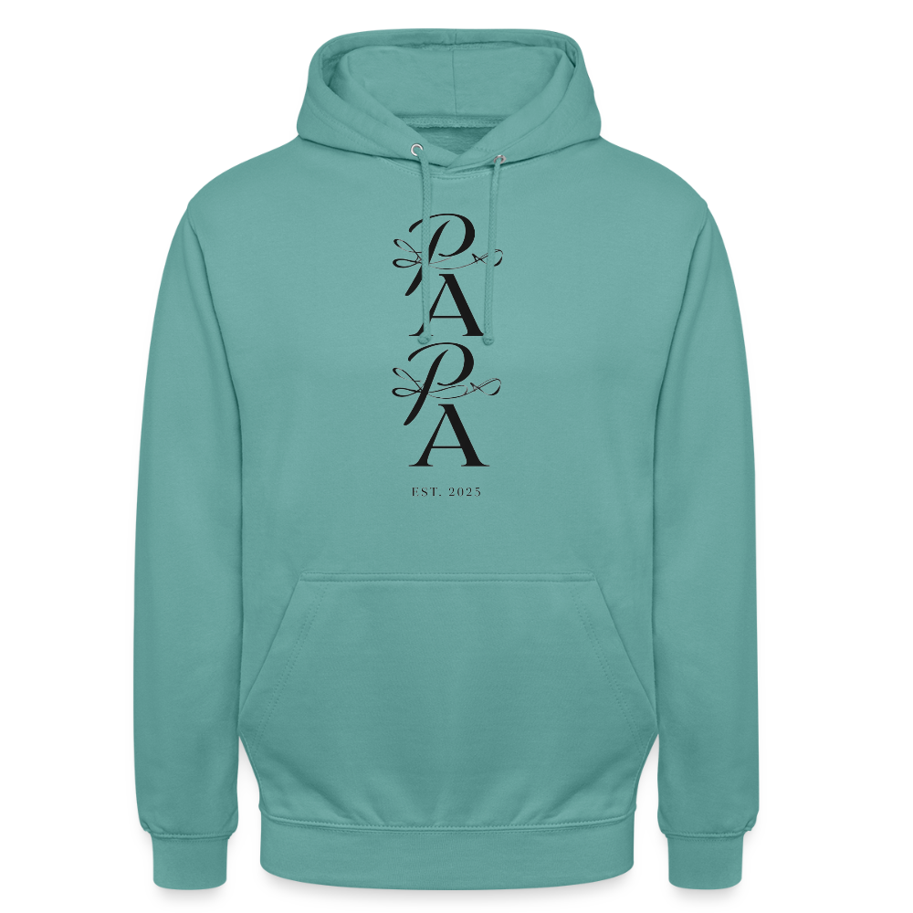 Edler PAPA Est. 2025 Hoodie | Kalligrafie Design | Luxuriöses Geschenk für den werdenden Vater | Premium Unisex Kapuzenpullover - Pastelltürkis