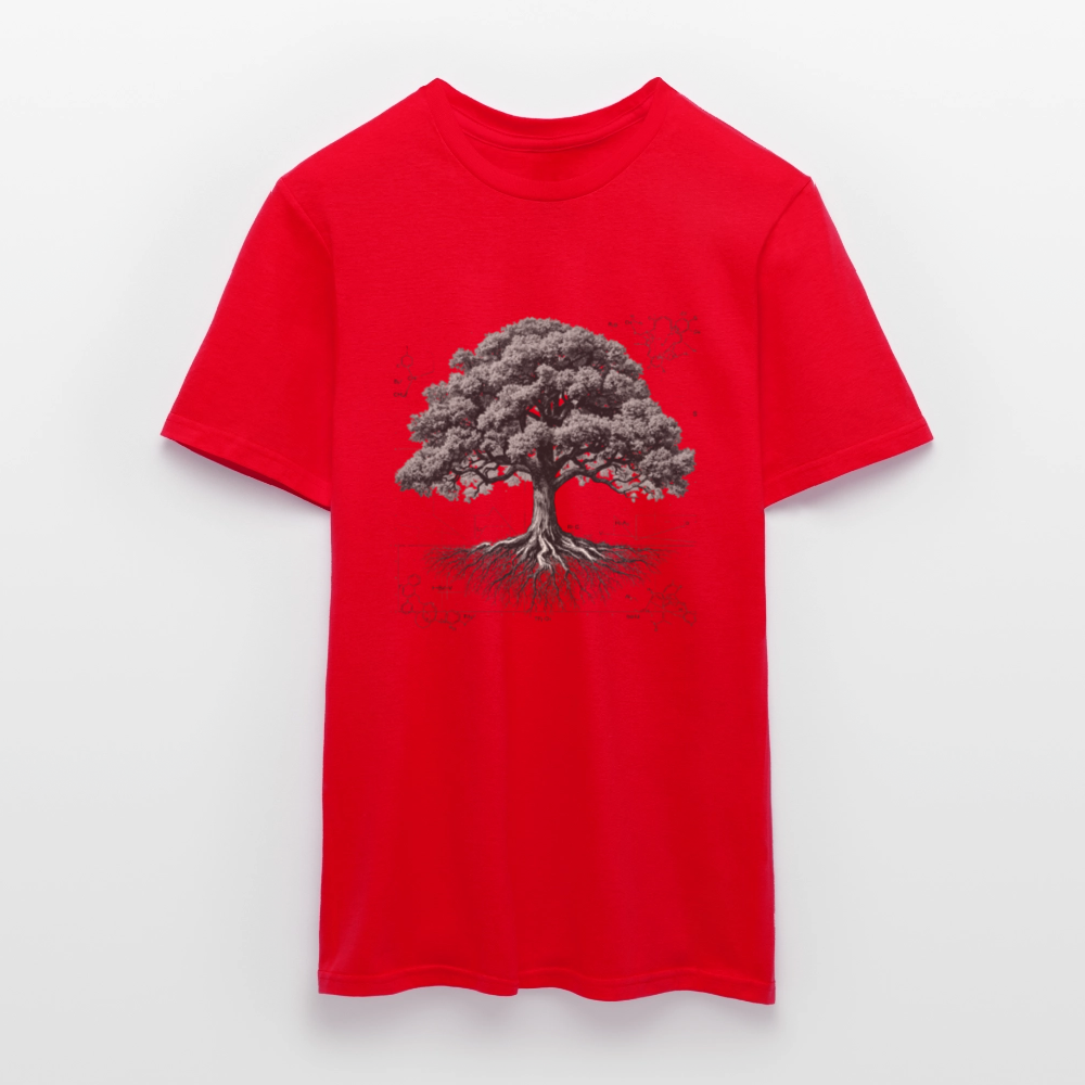 Baumdiagramm-T-Shirt – Natur- und Wissenschafts-Grafik-T-Shirt für Männer – Botanisches Baumanatomie-Shirt – Handbedrucktes Outdoor-Shirt für Naturliebhaber - Rot