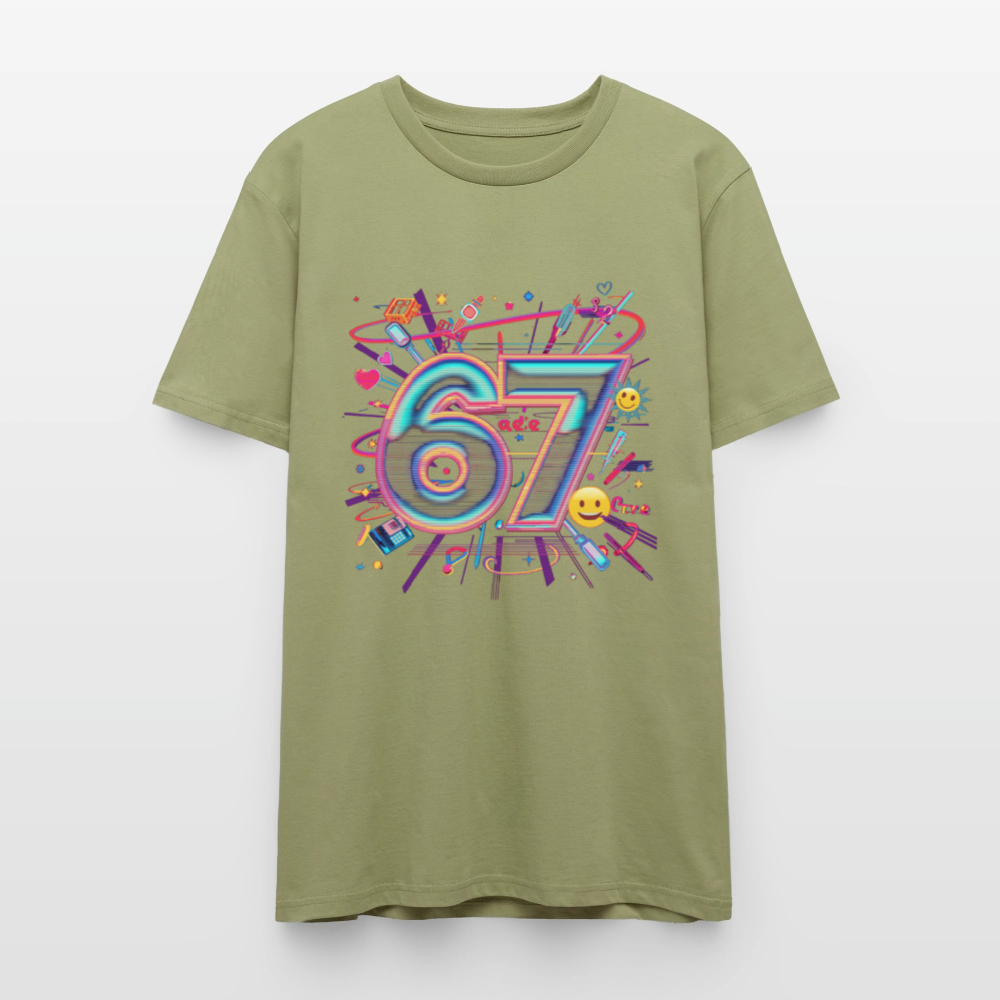 Pop Art Doodle T-Shirt | Neon Graffiti Zahl 67 | Kawaii Street Style Unisex Shirt | Stanley/Stella - Nebelgrün