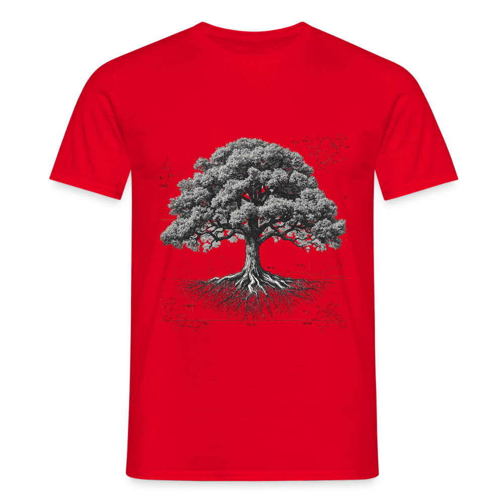 Baumdiagramm-T-Shirt – Natur- und Wissenschafts-Grafik-T-Shirt für Männer – Botanisches Baumanatomie-Shirt – Handbedrucktes Outdoor-Shirt für Naturliebhaber - Rot