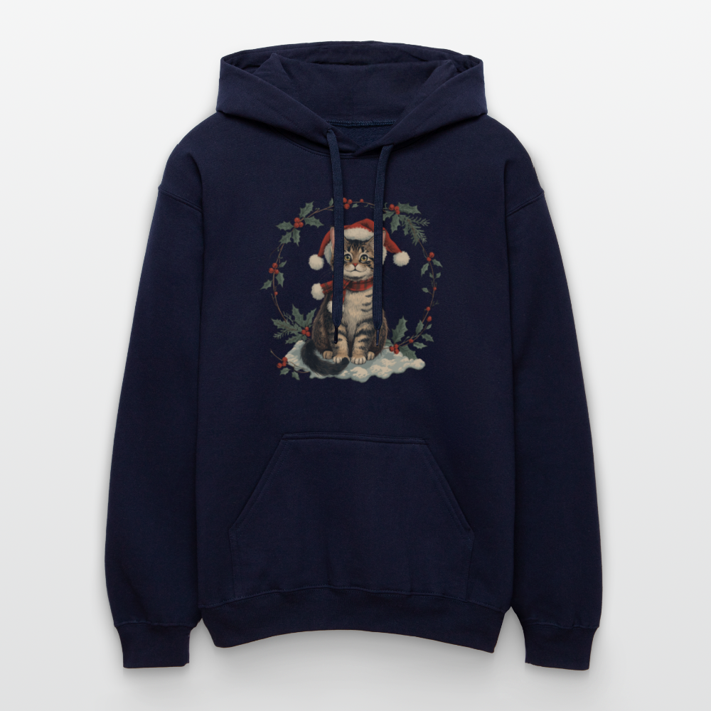 Vintage Weihnachtskatze Hoodie | Nostalgisches 1920er Jahre Katzenmotiv | Unisex Geschenk für Katzenliebhaber | Gildan Softstyle - Navy