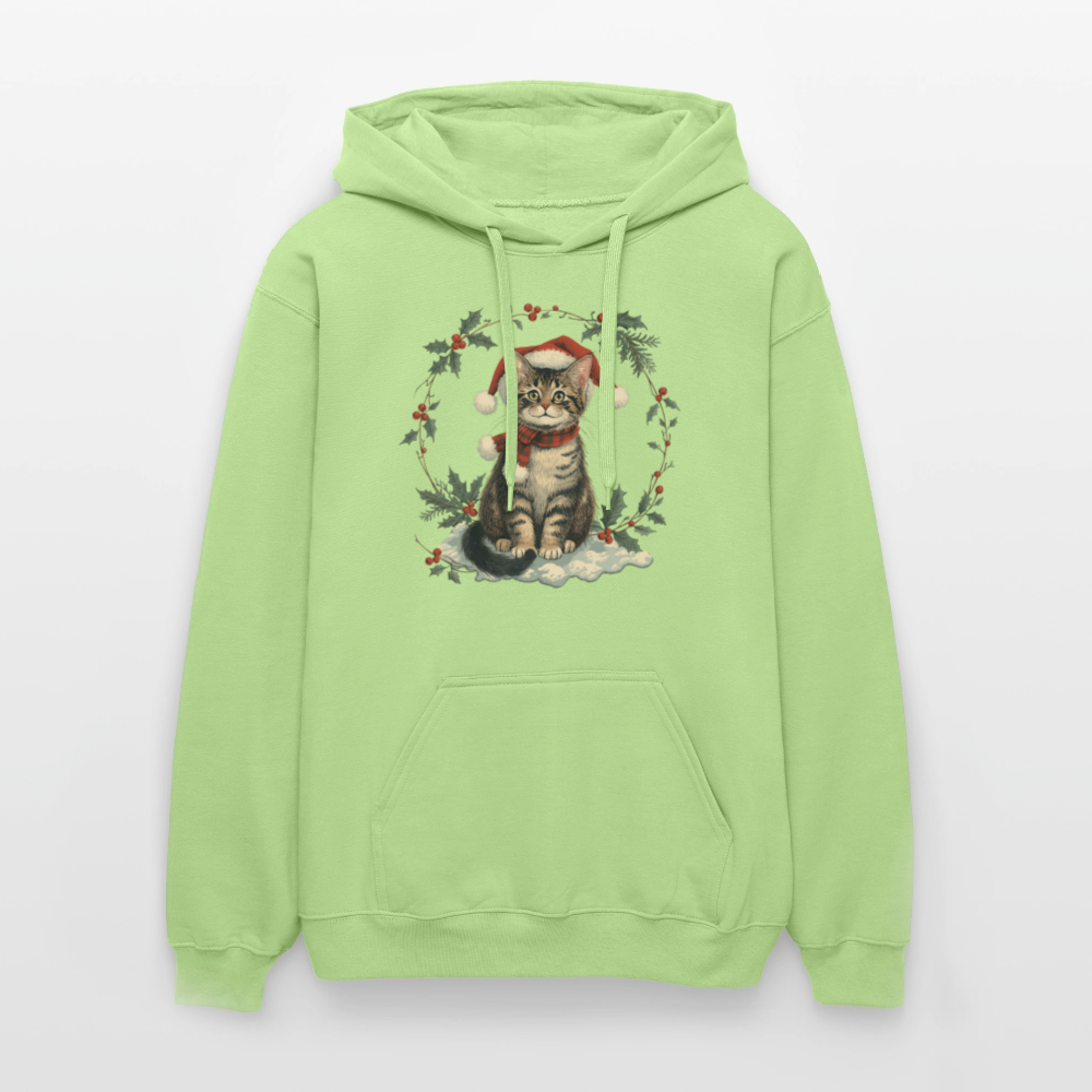 Vintage Weihnachtskatze Hoodie | Nostalgisches 1920er Jahre Katzenmotiv | Unisex Geschenk für Katzenliebhaber | Gildan Softstyle - Pistazie