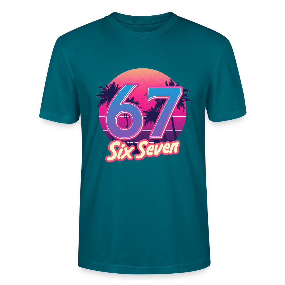 Retro Synthwave T-Shirt | 80er Jahre Neon Zahl 67 Six Seven | Miami Vice Outrun Unisex Shirt | Stanley/Stella - Ozeanblau