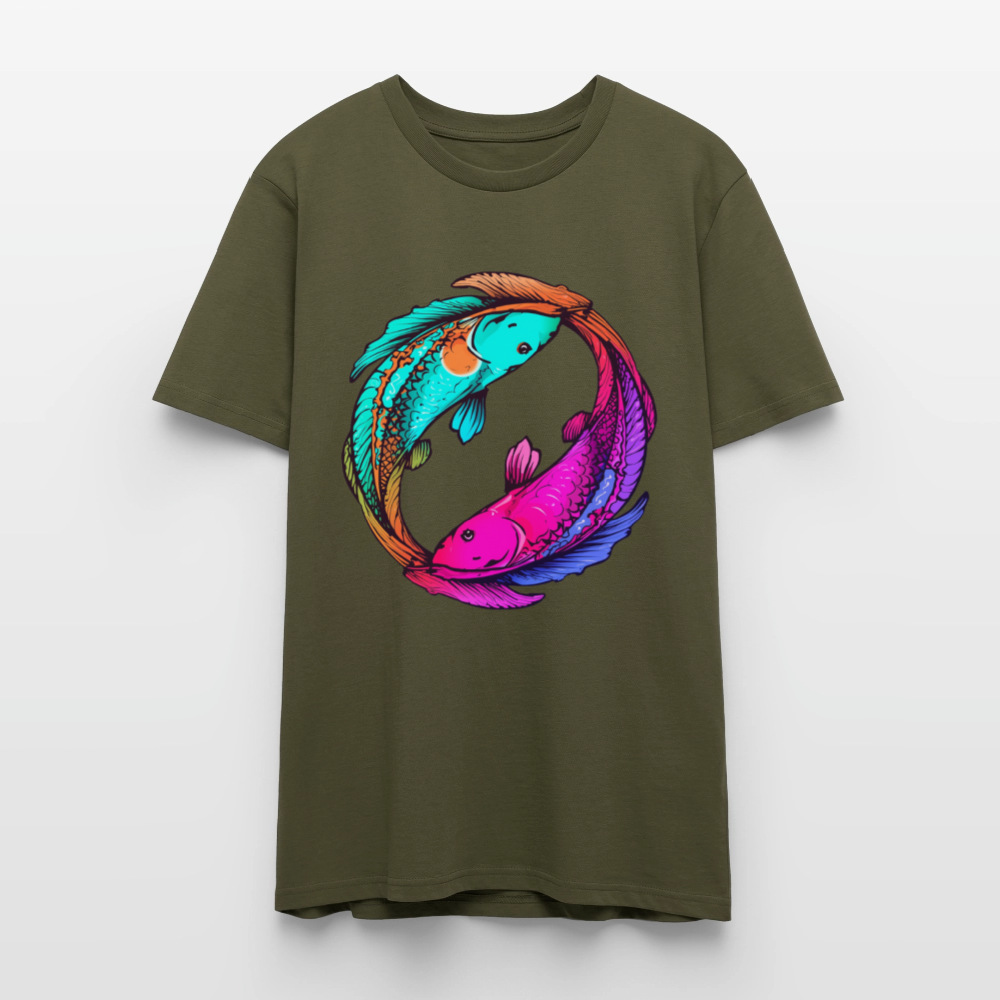 Yin & Yang Koi T-Shirt | Neon Cyberpunk Fisch Design | Japanische Balance & Harmonie | Stanley/Stella Unisex Bio-Baumwolle - Khaki