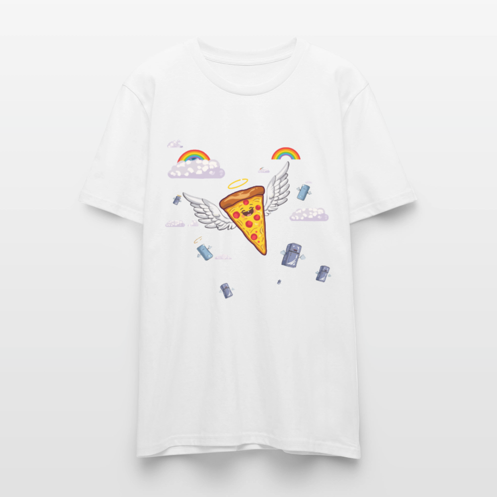 Pizza Engel T-Shirt | Fliegendes Pizzastück mit Heiligenschein | Surrealer Pop-Art Style | Space Invaders | Stanley/Stella - Weiß