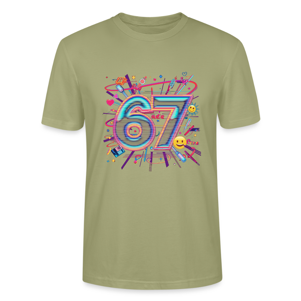 Pop Art Doodle T-Shirt | Neon Graffiti Zahl 67 | Kawaii Street Style Unisex Shirt | Stanley/Stella - Nebelgrün