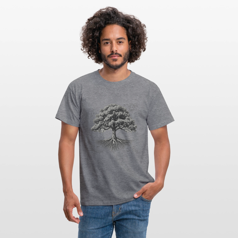 Baumdiagramm-T-Shirt – Natur- und Wissenschafts-Grafik-T-Shirt für Männer – Botanisches Baumanatomie-Shirt – Handbedrucktes Outdoor-Shirt für Naturliebhaber - Graphit meliert