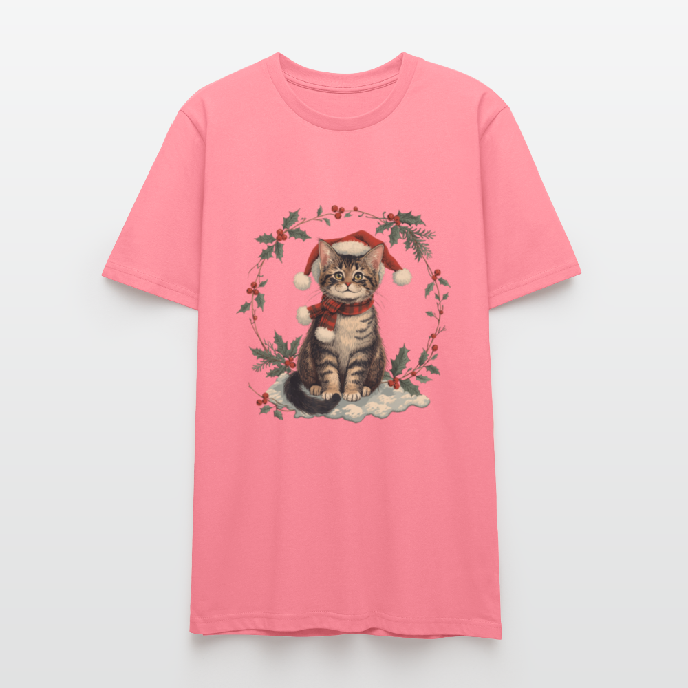 Vintage Weihnachtskatze T-Shirt | Nostalgisches 1920er Jahre Katzenmotiv | Unisex Geschenk für Katzenliebhaber | Gildan Softstyle - Pink 