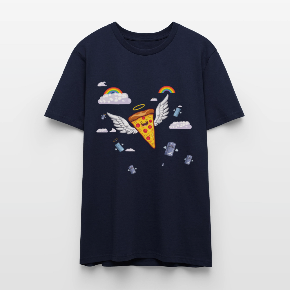 Pizza Engel T-Shirt | Fliegendes Pizzastück mit Heiligenschein | Surrealer Pop-Art Style | Space Invaders | Stanley/Stella - Navy