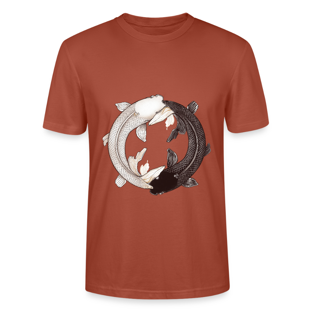 Klassisches Koi Yin & Yang T-Shirt | Detailreiche Schwarz-Weiß Illustration | Japanische Balance & Harmonie | Stanley/Stella Bio-Baumwolle - Terrakotta