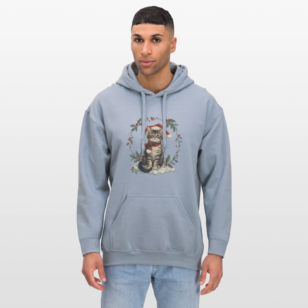 Vintage Weihnachtskatze Hoodie | Nostalgisches 1920er Jahre Katzenmotiv | Unisex Geschenk für Katzenliebhaber | Gildan Softstyle - Blau