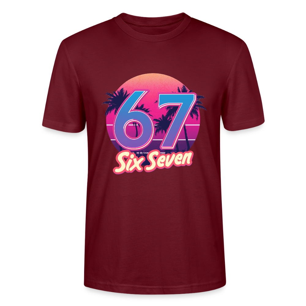 Retro Synthwave T-Shirt | 80er Jahre Neon Zahl 67 Six Seven | Miami Vice Outrun Unisex Shirt | Stanley/Stella - Burgunderrot