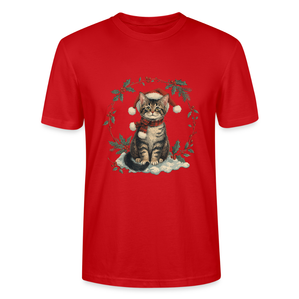 Vintage Weihnachtskatze T-Shirt | Nostalgisches 1920er Jahre Katzenmotiv | Unisex Geschenk für Katzenliebhaber | Gildan Softstyle - Rot