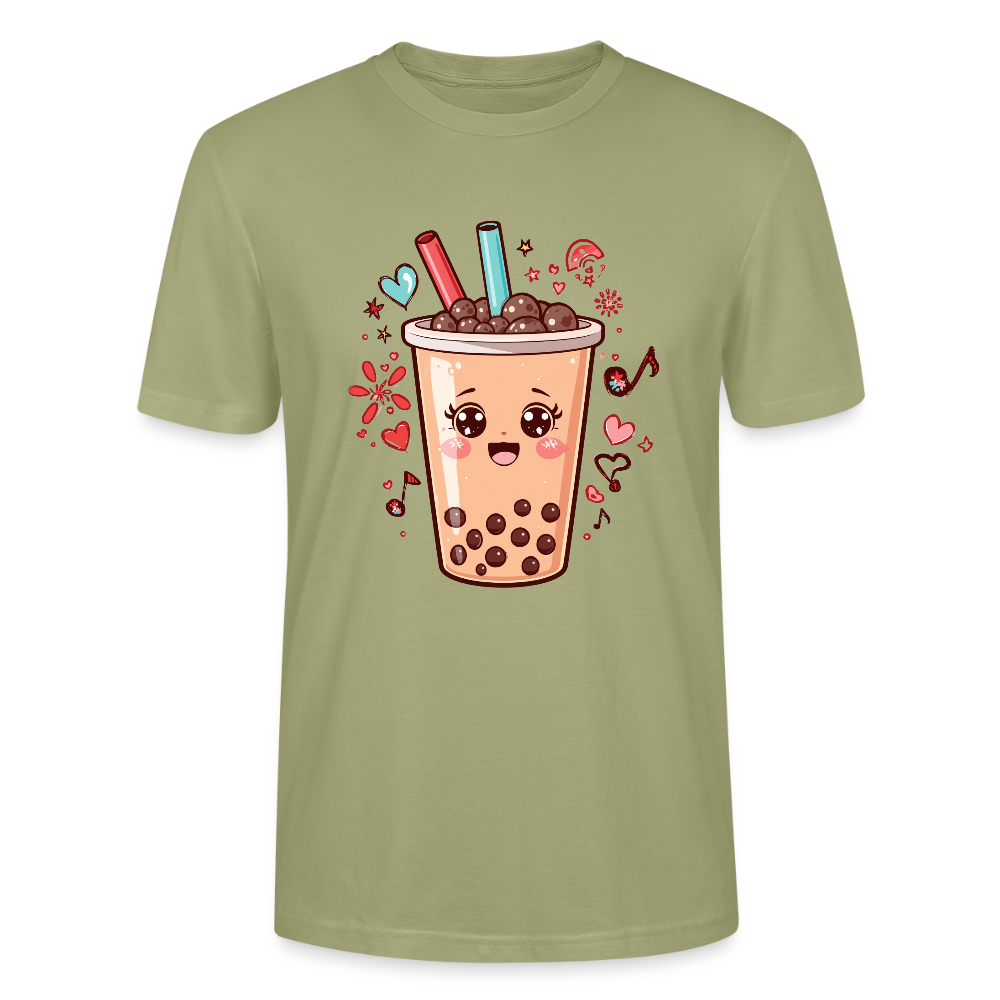 Kawaii Bubble Tea T-Shirt | Süßes Boba Cute Foodie Motiv | Anime Style mit Herzen & Musiknoten | Stanley/Stella Unisex - Nebelgrün