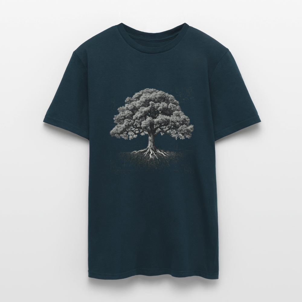Baumdiagramm-T-Shirt – Natur- und Wissenschafts-Grafik-T-Shirt für Männer – Botanisches Baumanatomie-Shirt – Handbedrucktes Outdoor-Shirt für Naturliebhaber - Navy