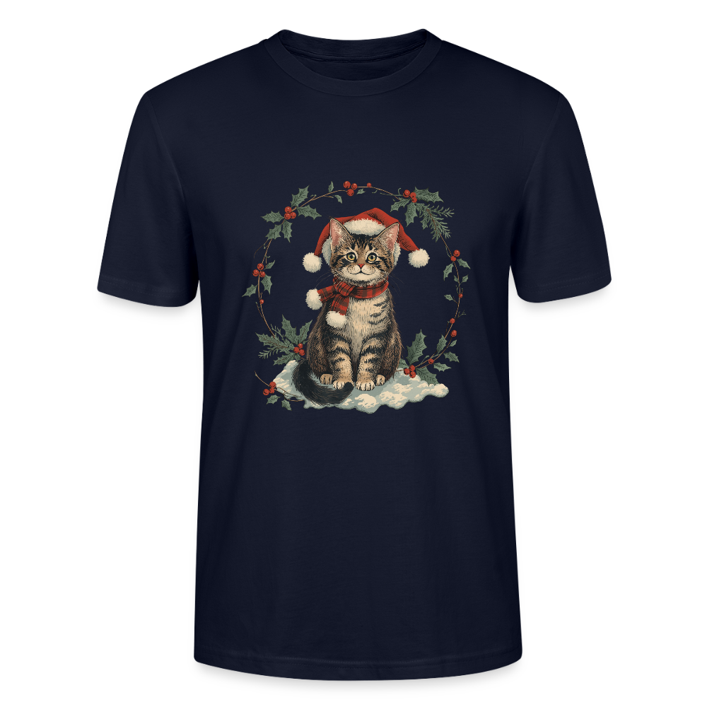 Vintage Weihnachtskatze T-Shirt | Nostalgisches 1920er Jahre Katzenmotiv | Unisex Geschenk für Katzenliebhaber | Gildan Softstyle - Navy