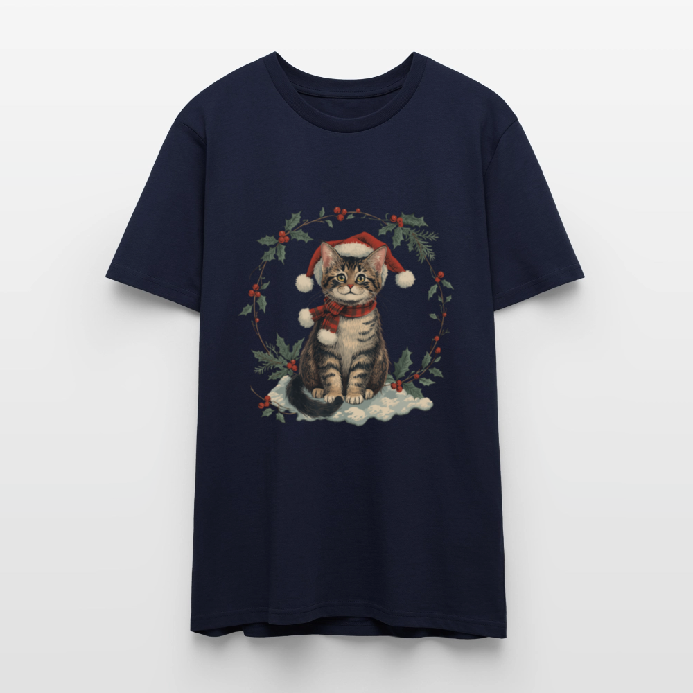 Vintage Weihnachtskatze T-Shirt | Nostalgisches 1920er Jahre Katzenmotiv | Unisex Geschenk für Katzenliebhaber | Gildan Softstyle - Navy