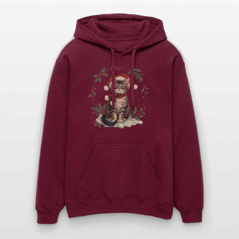 Vintage Weihnachtskatze Hoodie | Nostalgisches 1920er Jahre Katzenmotiv | Unisex Geschenk für Katzenliebhaber | Gildan Softstyle - Maroon