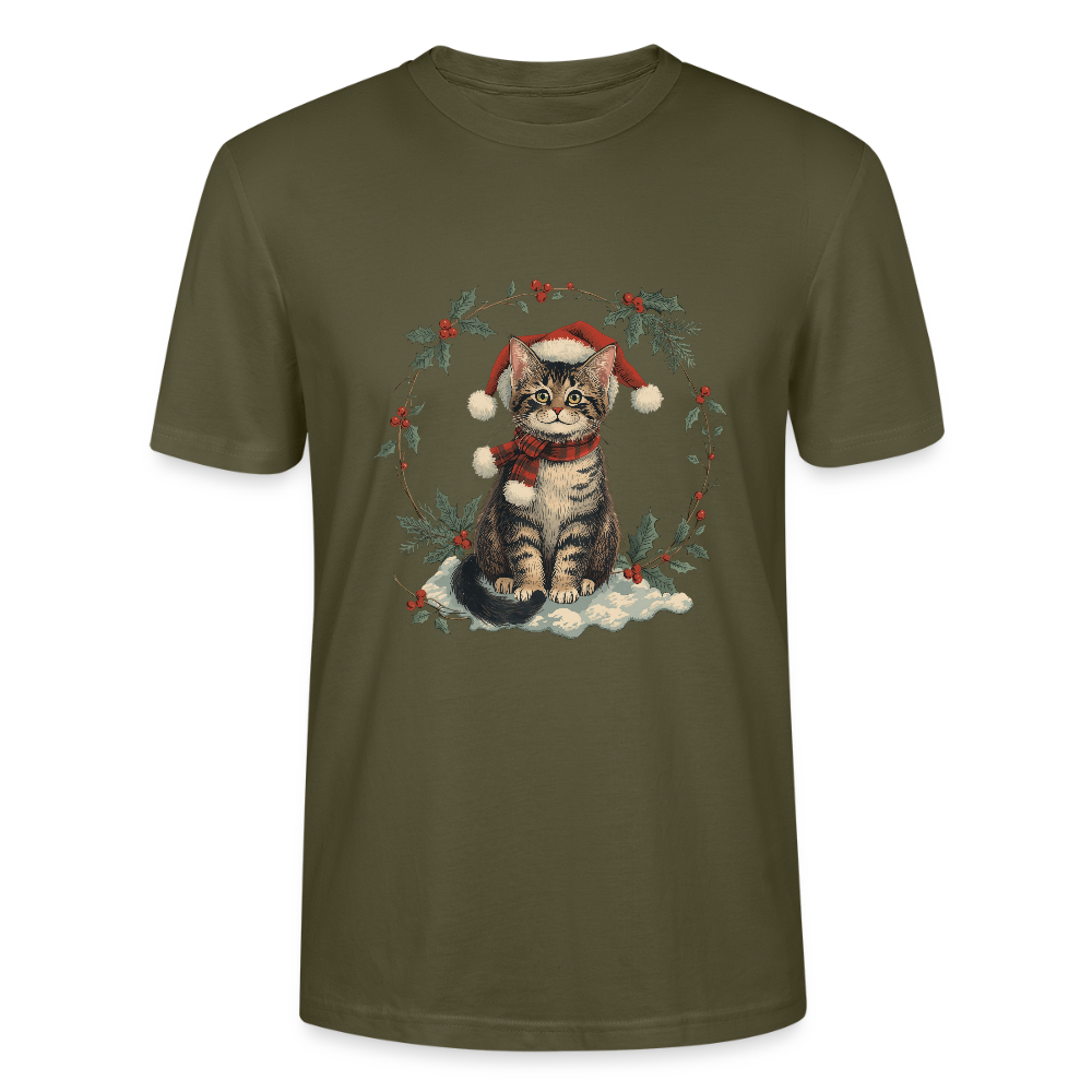 Vintage Weihnachtskatze T-Shirt | Nostalgisches 1920er Jahre Katzenmotiv | Unisex Geschenk für Katzenliebhaber | Gildan Softstyle - Khaki