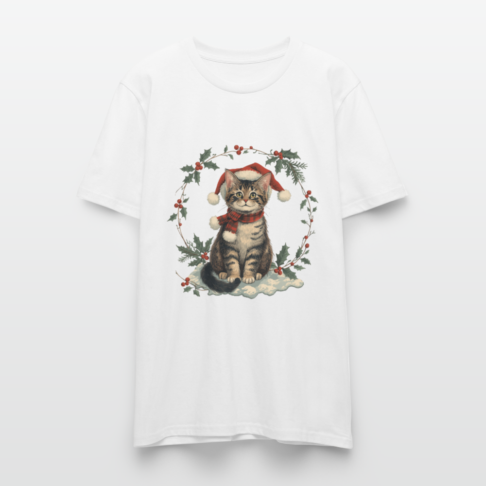 Vintage Weihnachtskatze T-Shirt | Nostalgisches 1920er Jahre Katzenmotiv | Unisex Geschenk für Katzenliebhaber | Gildan Softstyle - Weiß