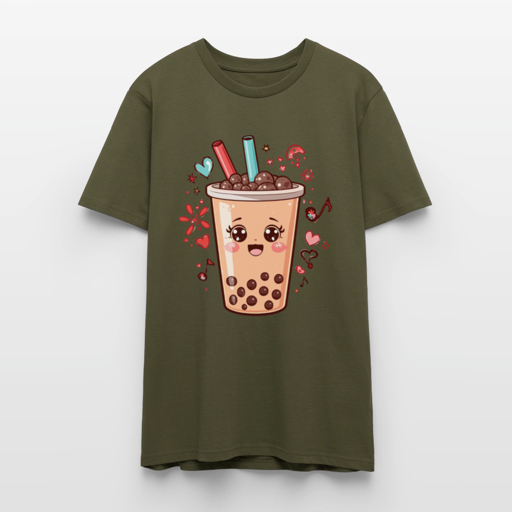 Kawaii Bubble Tea T-Shirt | Süßes Boba Cute Foodie Motiv | Anime Style mit Herzen & Musiknoten | Stanley/Stella Unisex - Khaki