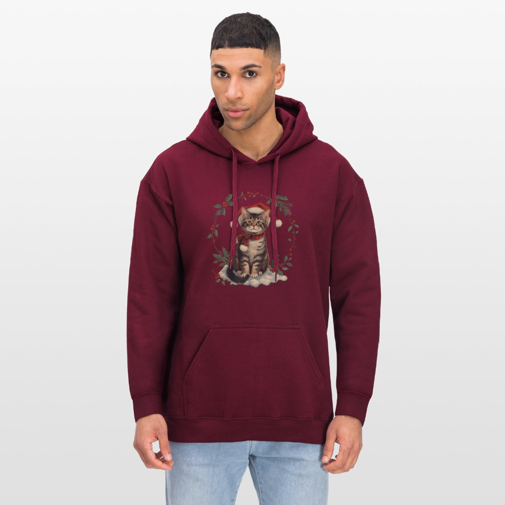 Vintage Weihnachtskatze Hoodie | Nostalgisches 1920er Jahre Katzenmotiv | Unisex Geschenk für Katzenliebhaber | Gildan Softstyle - Maroon