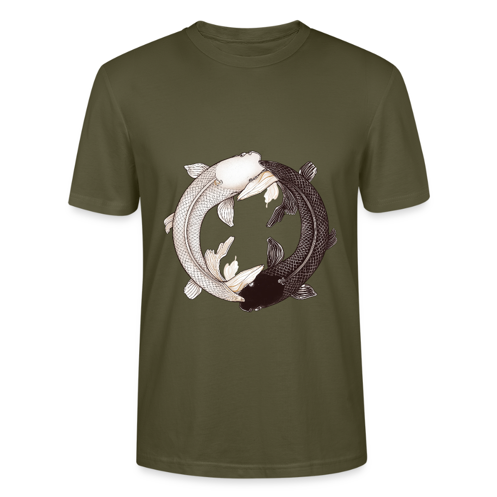 Klassisches Koi Yin & Yang T-Shirt | Detailreiche Schwarz-Weiß Illustration | Japanische Balance & Harmonie | Stanley/Stella Bio-Baumwolle - Khaki