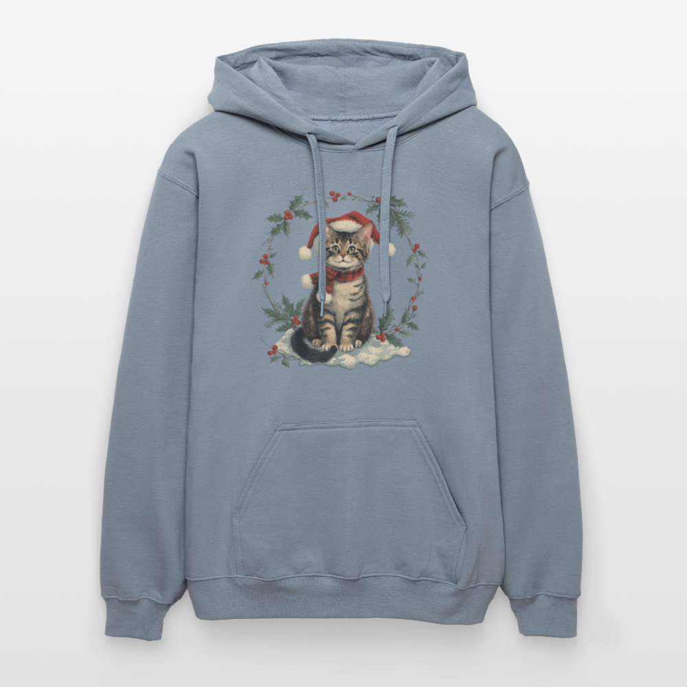 Vintage Weihnachtskatze Hoodie | Nostalgisches 1920er Jahre Katzenmotiv | Unisex Geschenk für Katzenliebhaber | Gildan Softstyle - Blau