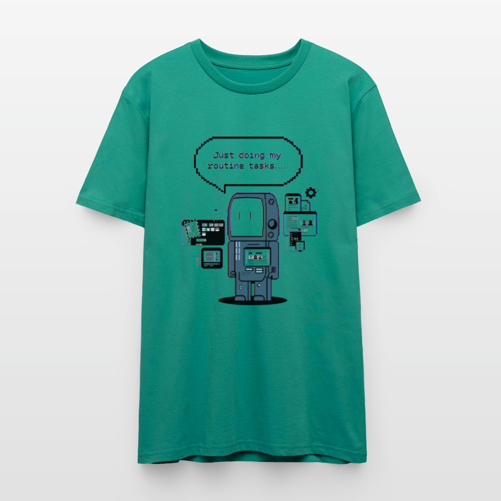Lustiges Roboter T-Shirt | Just Doing My Routine Tasks | Retro Pixel Art | Programmierer Geschenk | Tech Humor | Stanley/Stella Crafter Unisex - Blaugrün