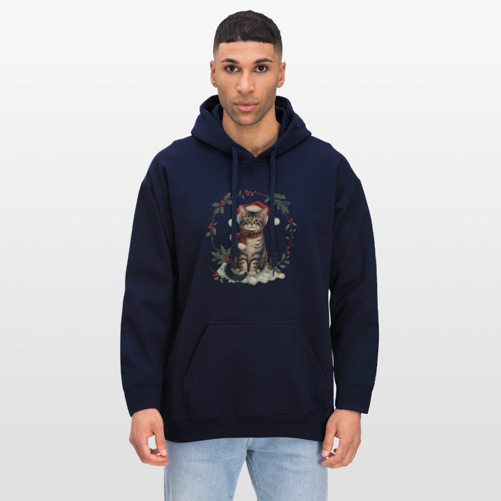 Vintage Weihnachtskatze Hoodie | Nostalgisches 1920er Jahre Katzenmotiv | Unisex Geschenk für Katzenliebhaber | Gildan Softstyle - Navy