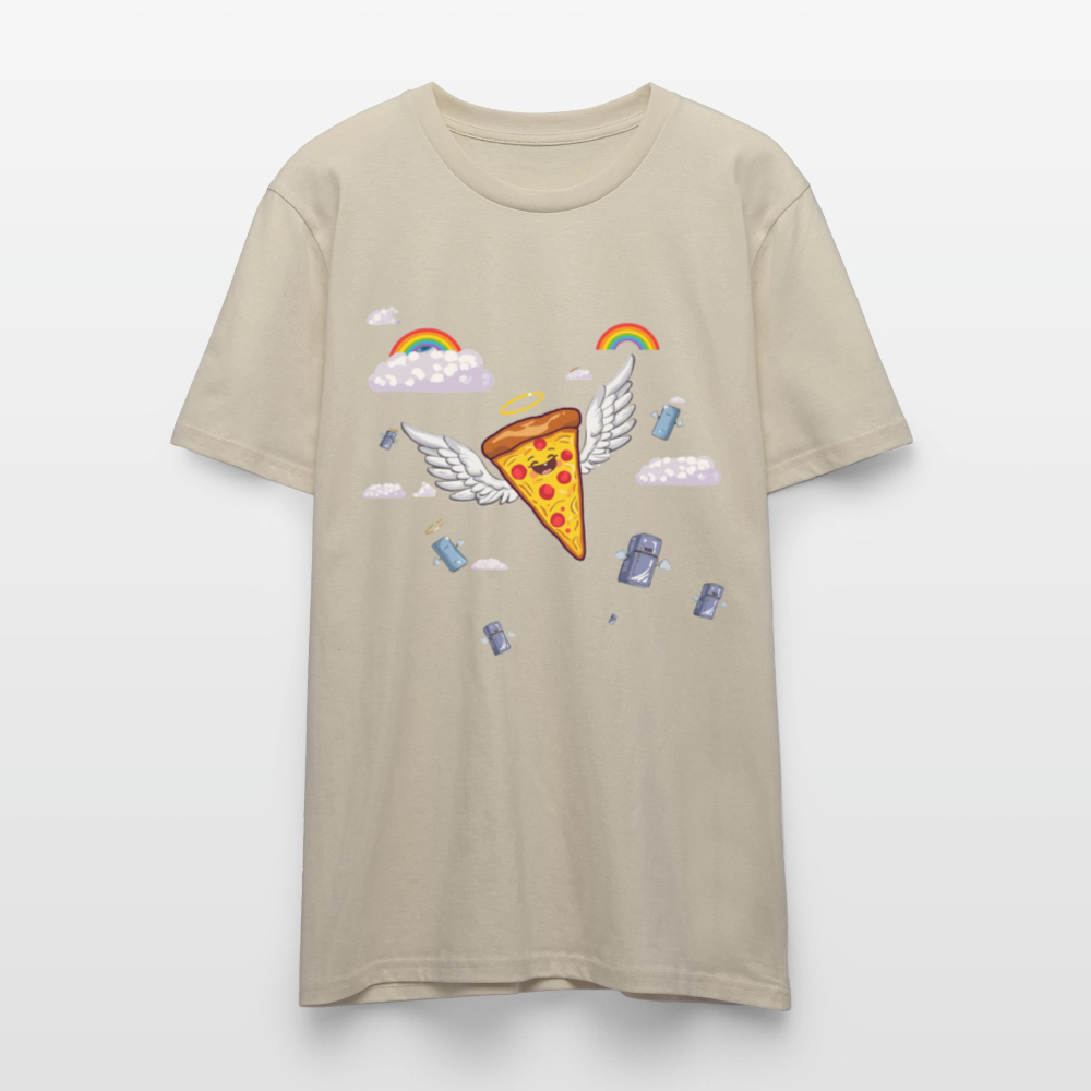 Pizza Engel T-Shirt | Fliegendes Pizzastück mit Heiligenschein | Surrealer Pop-Art Style | Space Invaders | Stanley/Stella - Beige