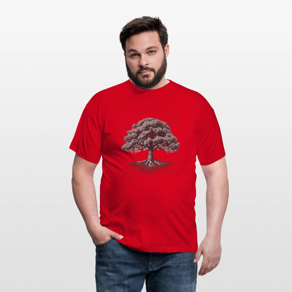 Baumdiagramm-T-Shirt – Natur- und Wissenschafts-Grafik-T-Shirt für Männer – Botanisches Baumanatomie-Shirt – Handbedrucktes Outdoor-Shirt für Naturliebhaber - Rot