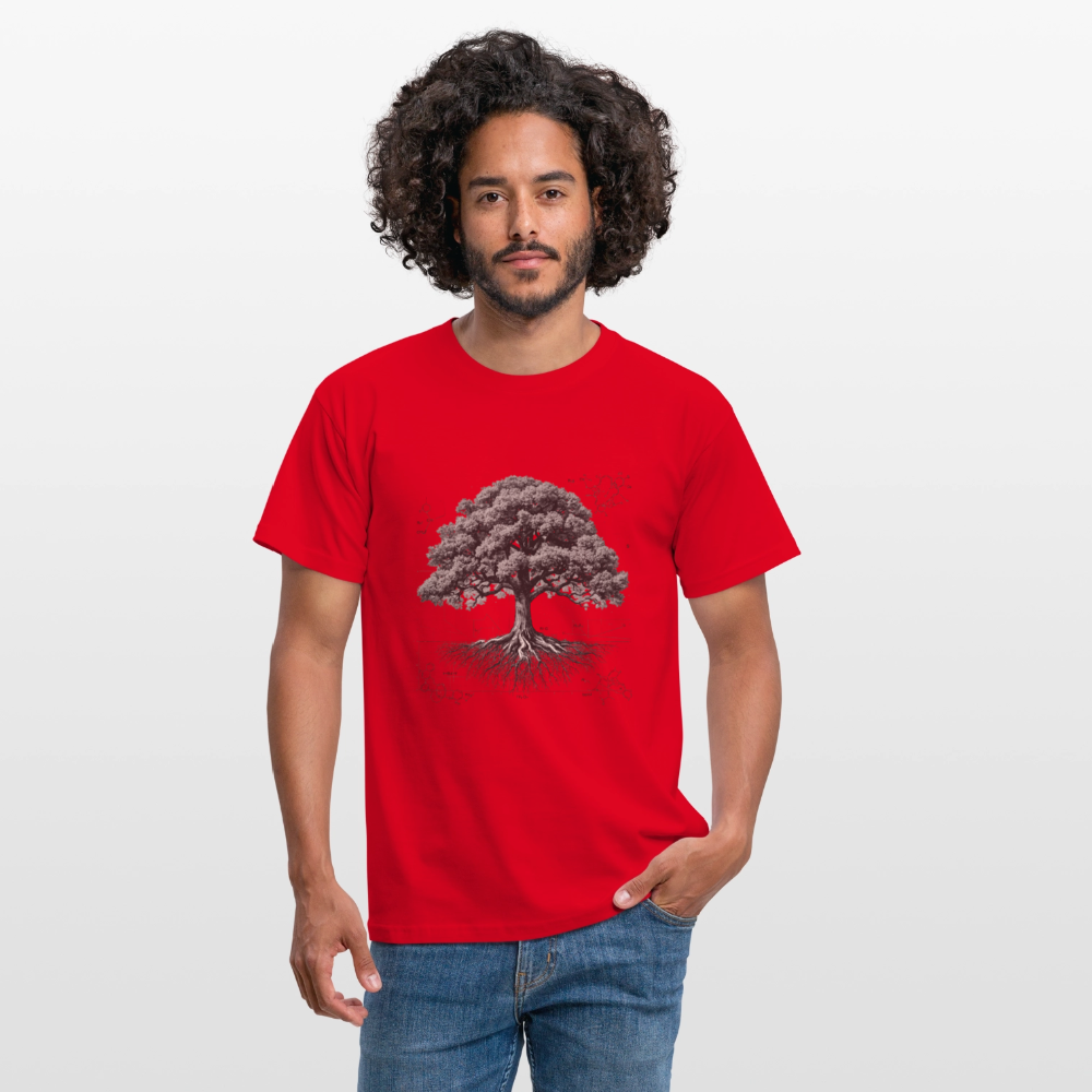 Baumdiagramm-T-Shirt – Natur- und Wissenschafts-Grafik-T-Shirt für Männer – Botanisches Baumanatomie-Shirt – Handbedrucktes Outdoor-Shirt für Naturliebhaber - Rot