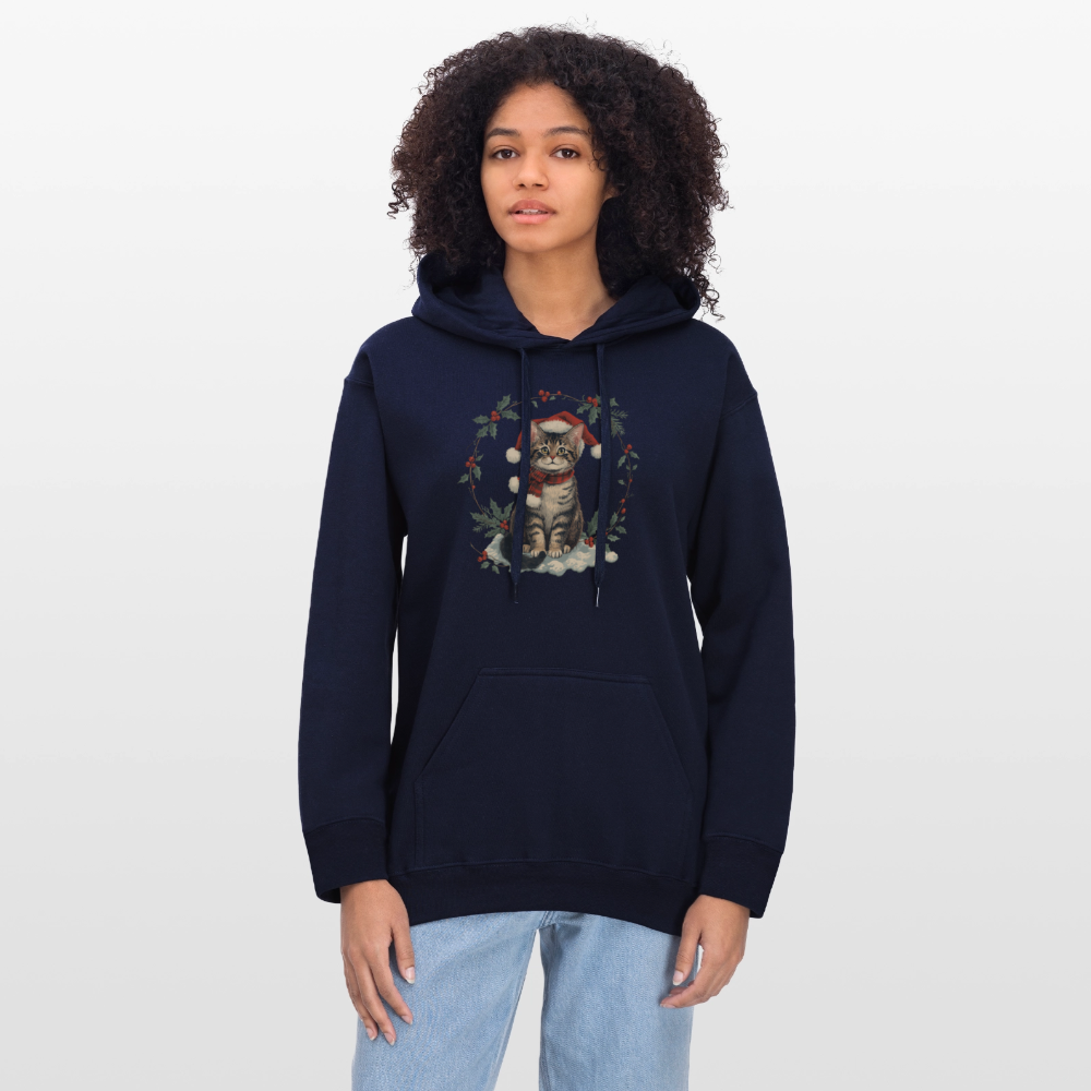 Vintage Weihnachtskatze Hoodie | Nostalgisches 1920er Jahre Katzenmotiv | Unisex Geschenk für Katzenliebhaber | Gildan Softstyle - Navy