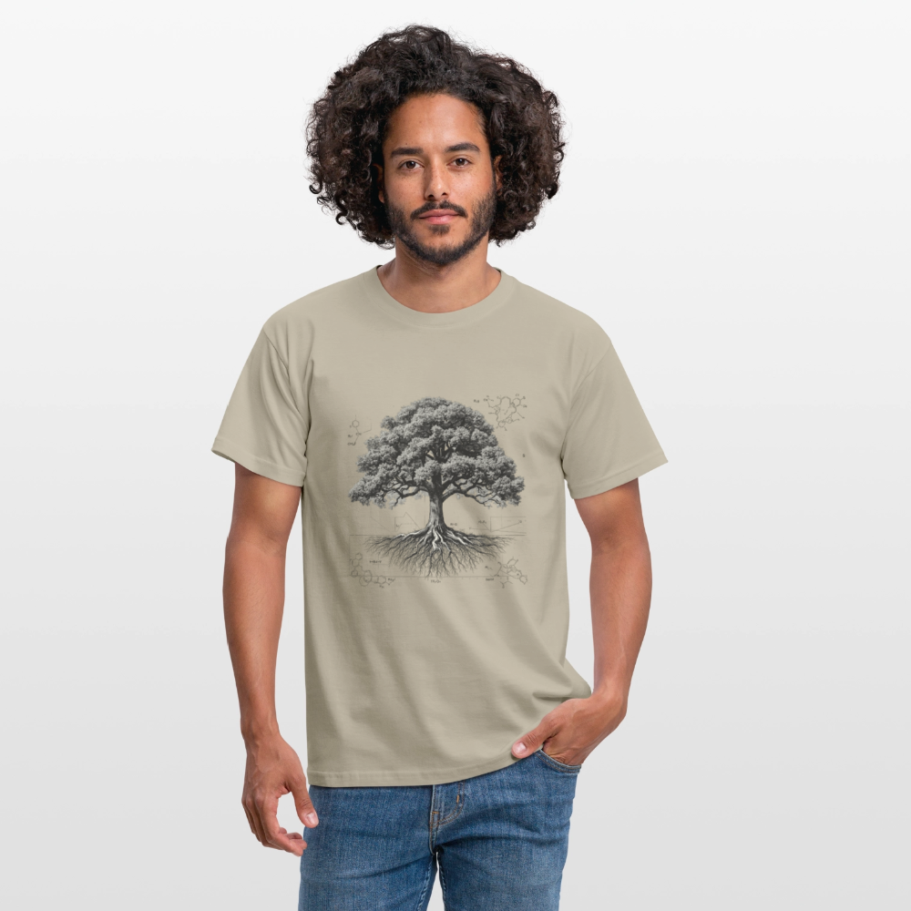 Baumdiagramm-T-Shirt – Natur- und Wissenschafts-Grafik-T-Shirt für Männer – Botanisches Baumanatomie-Shirt – Handbedrucktes Outdoor-Shirt für Naturliebhaber - Sandbeige